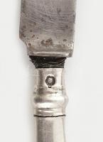 Ezüst (Ag) nyelű régi evőeszköz készlet, 6 db kés (LWN jelzésű pengével) + 6 db villa. Jelzettek, ki...