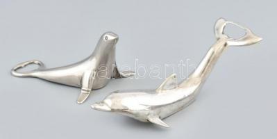 2 db ezüstözött (fóka és delfin formájú) sörnyitó 13-16 cm