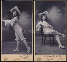 cca 1900 Kislány jelmezben, 2 db keményhátú fotó Békés Gy. gyulai műterméből, 20,5×10,5 cm