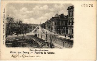 Eszék, Essegg, Osijek; Obere Kapuzinergasse / Felső Kapucinus utca, lóvasút. Georg Knittel Photograph / street view, horse-drawn tram (r)