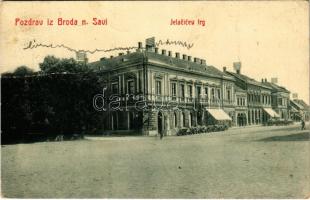 1910 Bród, Nagyrév, Slavonski Brod, Brod na Savi; Jelacicev trg / Jelasics tér, kávéház és szálloda, üzletek. W.L. Bp. 5002. / square, shops, hotel and café (fa)