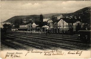 1905 Komorske-Moravice, Cameral-Moravica; vasútállomás, vonat / Bahnhof / railway station, train + FIUME - ZÁGRÁB 63. SZ. vasúti mozgóposta bélyegző (EM)