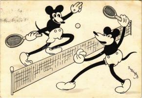 Teniszező Mickey egér. Klösz korai Disney képeslap / Mickey Mouse playing tennis. Early Hungarian Disney postcard s: Bisztriczky (EK)