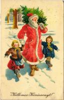 Kellemes Karácsonyt! Képzőművészeti Alap Kiadóvállalat / Christmas greeting art postcard with Saint Nicholas (EK)