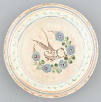 Erdélyi tányér. XIX.sz. mázas cserép, kézzel festett, mázhibákkal d: 22 cm