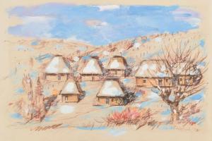 Zöldy Emil (1913-1982): Dombos táj, 1980. Akvarell, papír. jelzett. Lap hátoldalán paszupartuzás nyomaival. 26x41 cm.