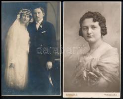 cca 1920 Hölgyportré és pár esküvői fotója, 2 db fotólap Kossak és Szenetra temesvári műterméből, 13,5×8 cm