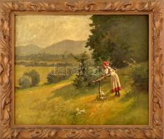 Neogrády Antal (1861-1942): Fiatal lány a szabadban. Olaj, vászon, jelezve jobbra lent: Neogrády A. 50x60 cm Dekoratív korabeli keretben. / oil on canvas, signed lower right, framed