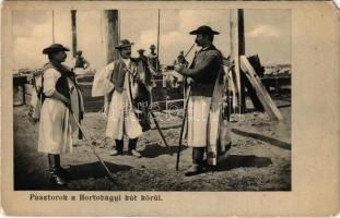 Hortobágy, Pásztorok a hortobágyi kút körül, magyar folklór. Pongrácz Géza kiadása (EM)