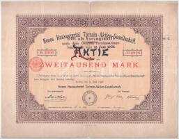 Német Birodalom / Berlin 1898. "Neues Hansaviertel Terrain-Aktien-Gesellschaft" részvénye 2000M-ról, felülbélyegzésekkel T:III szakadások German Empire / Berlin 1898. "Neues Hansaviertel Terrain-Aktien-Gesellschaft" share about 2000 Marks, with overprints C:F tears