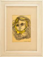 Macskássy Izolda (1945-2021): Női portré. Festett selyem. Jelzett. Üvegezett keretben. 29x20 cm