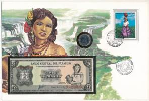 Paraguay "Folklór" érmés és bankjegyes, pecsételt boríték benne 1984. 5G rozsdamentesacél érmével és 1952. 5G bankjeggyel a PHILSWISS kiadásában, német leírással T:1,I
