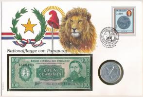 Paraguay "Paraguay nemzeti zászlaja" érmés és bankjegyes borítékban 1968. 300Gt Ag "Stroessner elnök 4. ciklusa" érmével és 1982. 100G-os bankjeggyel a PHILSWISS kiadásában, német leírással T:1-,I patina