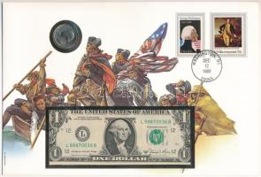 Amerikai Egyesült Államok érmés és bankjegyes, pecsételt boríték benne 1976. 25c Cu-Ni érmével és 1981. 1$ bankjeggyel a PHILSWISS kiadásában, német leírással T:1,I