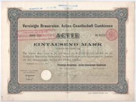 Német Birodalom / Gumbinnen 1898. "Egyesült Sörfőzdék Gumbinneni Részványtársasága" részvénye 1000M-ról szárazpecséttel, felülbélyegzésekkel T:II German Empire / Gumbinnen 1898. "Vereinigte Brauereien, Actien-Gesellschaft Gumbinnen" share about 1000M with embossed stamp and overprints C:XF