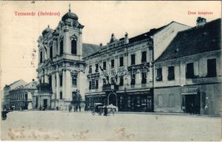 1912 Temesvár, Timisoara; Belváros, Dómtemplom, Klein Herman üzlete, Gazda udvar, Dél-Magyarországi Gazdasági Bank. Grün Károly kiadása / street view, church, shops, bank (fl)