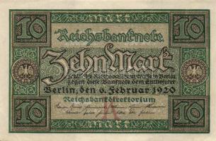 Német Birodalom / Weimari Köztársaság 1920. 10M (2x) kis ugrású sorszámokkal T:I,I-