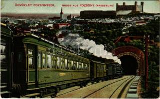 1909 Pozsony, Pressburg, Bratislava; vasúti alagút, vonat, gőzmozdony, vár. Verlag "Bediene dich allein" / railway tunnel, train, locomotive, castle (r)