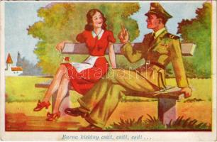 1943 Barna kislány csitt, csitt, csitt... / WWII Hungarian military art postcard, soldier with lady, humour s: Klaudinyi (Rb)