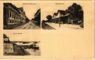 Mohács, Szentháromság utca, vasútállomás, gőzmozdony, vonat, Dunai részlet, hajóállomás, úszó hajómalom. Fridrich Oszkár kiadása / floating boat mills (szakadás / tear)