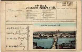 1907 Budapest, Lánchíd, kilátás a Bazilika felé. Távirat, drótüdvözlet Budapestről montázs (ragasztónyom / glue marks)