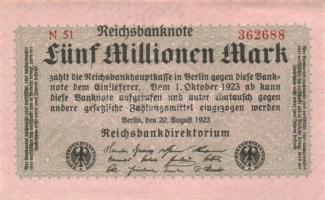 Német Birodalom / Weimari Köztársaság 1923. 5.000.000M (2x) kis ugrású sorszámokkal T:I