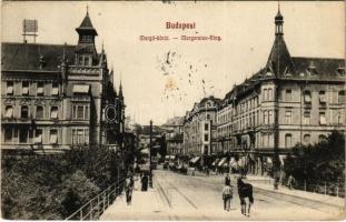 1912 Budapest II. Margit körút, villamos, Margitpark Kávéház, háttérben Rózsadomb (fa)