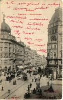 1915 Budapest VIII. Kerepesi út és Rákóczi út (Blaha Lujza tér), villamos, Takarékpénztár, drogéria, üzletek (EK)