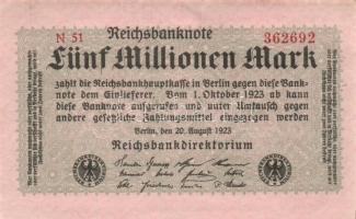 Német Birodalom / Weimari Köztársaság 1923. 5.000.000M (2x) kis ugrású sorszámokkal T:I