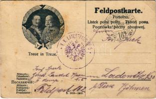1915 Treue in Treue. Feldpostkarte / Tábori Postai Levelezőlap / WWI Austro-Hungarian K.u.K. military field postcard with Wilhelm II and Franz Joseph I of Austria, Viribus Unitis propaganda + K.K. Landstbaon No. 5. (fa)