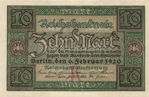 Német Birodalom / Weimari Köztársaság 1920. 10M (6x) kis ugrású sorszámokkal T:I