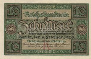 Német Birodalom / Weimari Köztársaság 1920. 10M (6x) kis ugrású sorszámokkal T:I