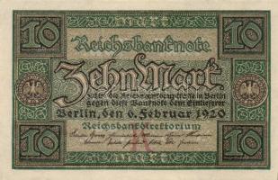 Német Birodalom / Weimari Köztársaság 1920. 10M (6x) kis ugrású sorszámokkal T:I