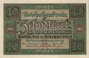 Német Birodalom / Weimari Köztársaság 1920. 10M (6x) kis ugrású sorszámokkal T:I