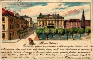 Temesvár, Timisoara; Jenő herceg tér / Prinz Eugen Platz / street view, square. Corvina litho (fa)