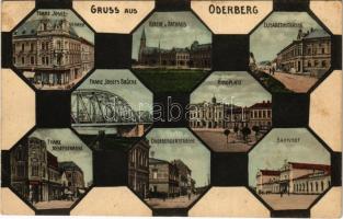 1913 Bohumín, Oderberg; Franz Josef-Strasse, Kirche u. Rathaus, Elisabethstrasse, Ringplatz, Franz Josef's Brücke, Oderbergerstrasse, Bahnhof / street view, church, town hall, square, bridge, railway station (EK)