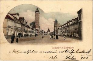 1902 Domazlice, street view, shop of M. F. Krátky (fl)