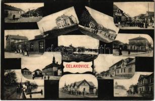 1907 Celakovice, multi-view postcard with street view, villa, town hall, shop