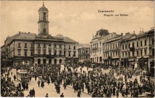 Chernivtsi, Czernowitz, Cernauti, Csernyivci (Bukovina); Ringplatz und Rathaus / square, town hall, tram, shops, market