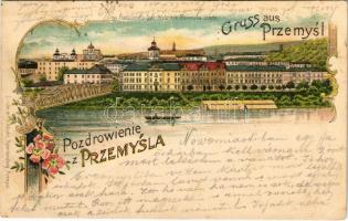 1899 (Vorläufer) Przemysl, Franz Josefs Quai / Wybrzcze Franciszka Józefa / riverside, bridge. D. Kandel Art Nouveau, floral, litho (tiny tear)