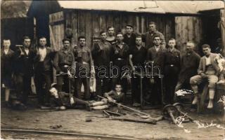 1933 Erdőbénye-gyógyfürdő, Hubertus kőbánya, munkások csoportja. photo (ragasztónyom / glue marks)