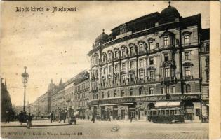 1905 Budapest XIII. Lipót körút, Café Vígszínház kávéház, Sturm József pilseni sörcsarnok és éttermei, villamos. M. T. és F. I. Koch és Warga kiadása (EK)