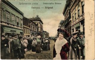 1906 Belgrád, Belgrade, Beograd; Dubovracka Strasse / street view, shops. Montage with ladies and gentlemen (Rb)
