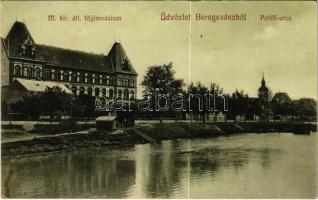 1913 Beregszász, Beregovo, Berehove; Petőfi utca, M. kir. állami főgimnázium. Farkas J. kiadása / street view, grammar school (fa)
