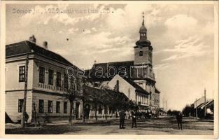 1929 Somorja, Csallóköz-Somorja, Somorin, Samorín; Kápolna utca, Polgári fiú és leány iskola, katolikus templom. Kranzinger N. kiadása / street, school (EK)