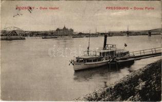 1913 Pozsony, Pressburg, Bratislava; Duna részlet, "POZSONY" gőzhajó. Duschinsky G. kiadása / Donau Partie / Danube riverside, steamship (EK)