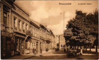 1912 Rimaszombat, Rimavská Sobota; Erzsébet tér, Pick Jakab és Heksch Bertalan üzlete, piac. Ifj. Rábely Miklós kiadása / square, shops, market (b)