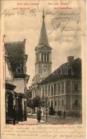 1903 Lippa, Lipova; Speht Károly tér, Római katolikus templom, üzlet. Krivány György kiadása / church, square, shop (szakadás / tear)