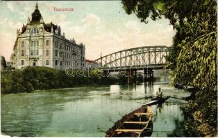 1910 Temesvár, Timisoara; Hunyady híd és Bega szabályozó palota, evezős csónak. Csendes Jakab kiadása / bridge, river control palace, rower (EM)