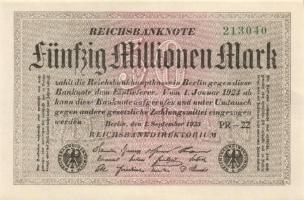 Német Birodalom / Weimari Köztársaság 1923. 50.000.000M (8x) kis ugrású ill. egymás utáni sorszámokk...